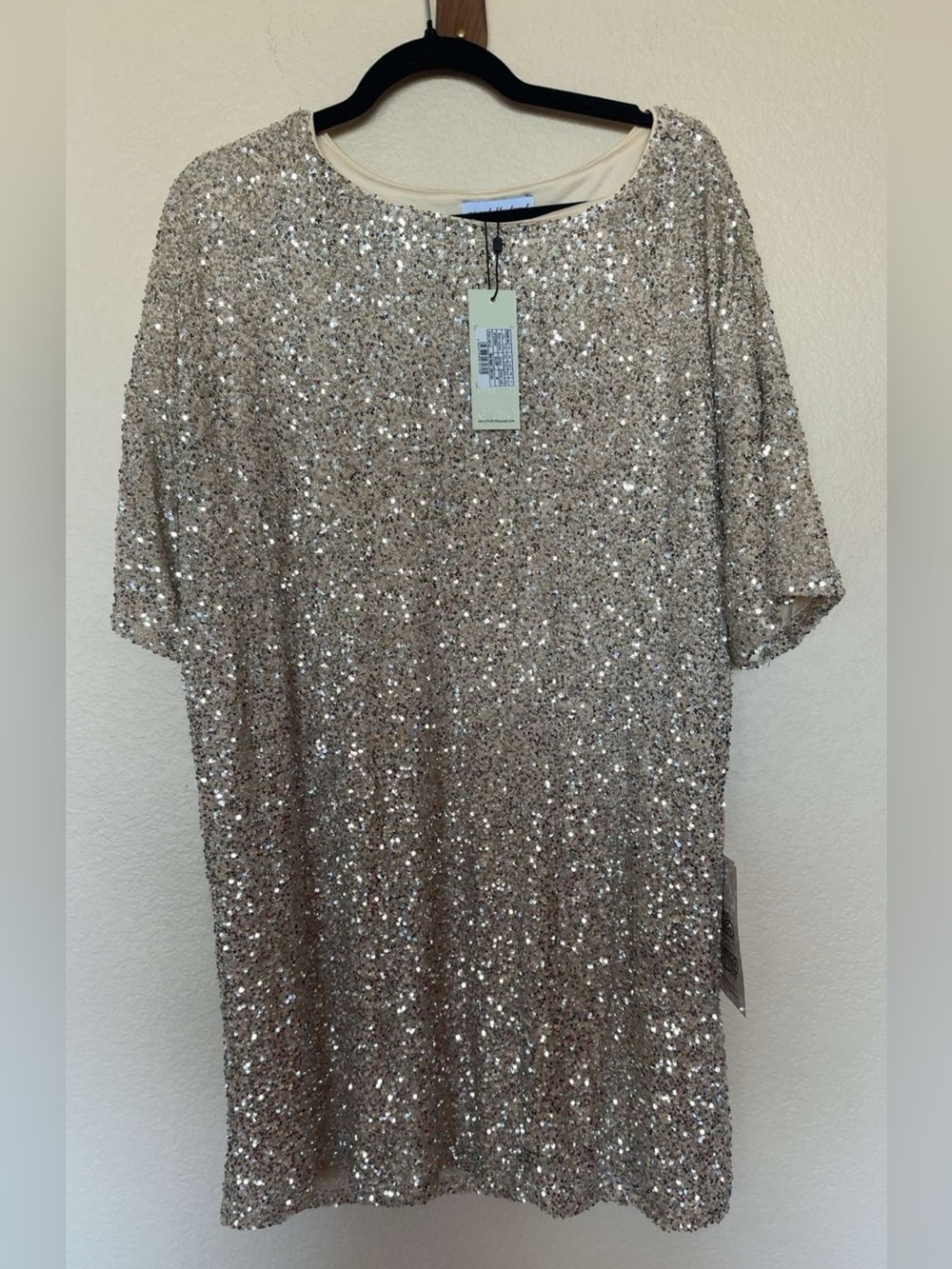 Never Fully Dressed Sequined Short Sleeve Shift Dress in Champagne